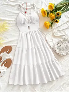 Women's Plain Ruffle Trim   Cami Dress, Casual Spaghetti Strap A Line Dress for Summer, Ladies Clothes for Beach Holiday Vacation