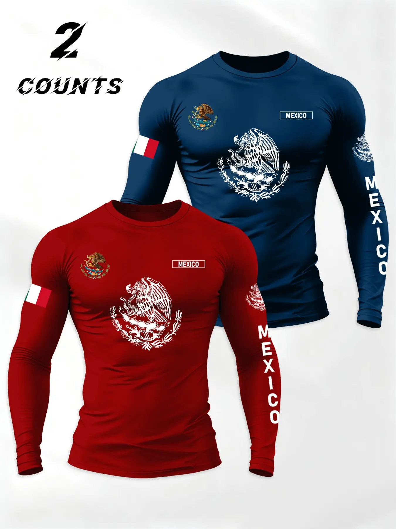 Men's 2-Pack Sportswear Tops, Athletic Active Tops, Fitness Workout Shirt, Gym Workout Shirts, Soft Micro-Elastic Polyester Fabric, Mexican Theme Letter Flag Print Design, Comfortable Breathable Long Sleeve Tee