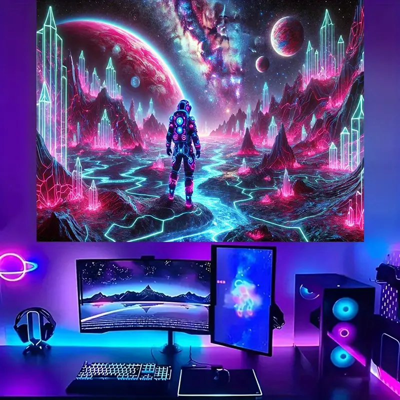 2d Flat, 2d Flat Fluorescent Tapestry, Neon Celestial Astronaut Theme Print, Room Decor Wall Hanging for Bedroom, Living Room, Office. Also Lndoor and Outdoor Holiday Door Flag for Porch, Garden. Computer Room Decor, Festive and Party Decor147, 2d