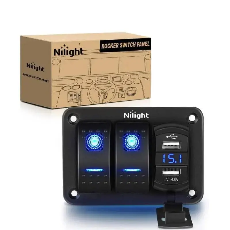 Nilight 2Gang Blue Rocker Switch Panel w/ 4.8 Amp Dual USB Charger Voltmeter Lighting, Lights
