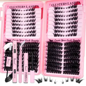 Cat Eye Lash Clusters Kit, Makeup, Foxy Eyelashes Clusters Extensions Kit, Individual Lashes C/D Curl Lightweight False Eyelashes Thin Band, with Bond Seal Remove Tweezers, Wet look Lashes, Beginner Friendly, DIY at Home Easily