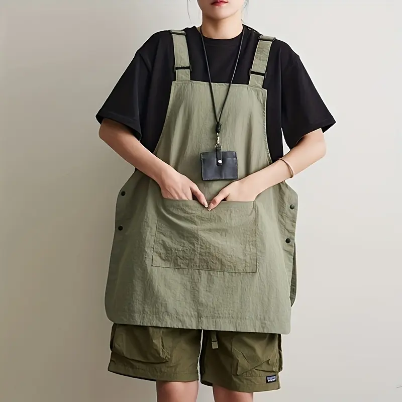 Unisex Heavy-Duty 300gsm Polyester Work Apron - Adjustable Straps, Multiple Pockets, Utilitarian Design - Olive Green - Kitchen, BBQ Home Supplies