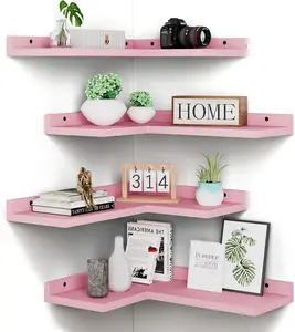 4 Tier Floating Corner Shelves  Set of 4, Rustic Pine Wooden Floating Corner Wall Shelf for Wall Decor Storage, L Shaped Corner Shelf Wall Mount for Bedroom, Living Room, Bathroom, Kitchen.