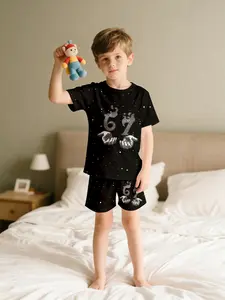 Boys' Two-Piece Outfit, 67 Styles Starry Sky Hand Pattern Kids Set, Short Sleeve and Shorts Suit, 100% Polyester Casual Loose Outfit, Summer Fun Printed Design, Outdoor Sports T-Shirt Set, Perfect Gift for Boys