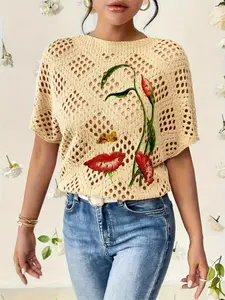 Women's Abstract Floral Plant Portrait Print Round Neck Sweater, Casual Batwing Sleeve Knit Top for Autumn & Winter, Comfortable and Warm Everyday Wear, Womenswear Knitwear