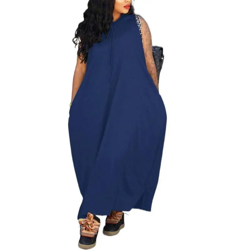 Women's Plain Drawstring Hooded Tank Dress, Casual Pocket Sleeveless Maxi Dress for Summer, Fashion Women's Clothing for Daily Wear,  Dresses for Women Womenswear Minimalist Basic Blue Fit Jersey Slight Stretch Loose Piece