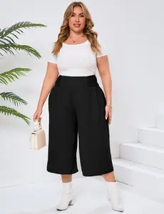 YF Clearance! Plus Size High Waist Casual Pants, Cropped Wide Leg Elastic Waist Culottes for Daily Wear Basic Breathable Fabric Lightweight Womenswear Bottom Everyday Fit Polyester Smocked