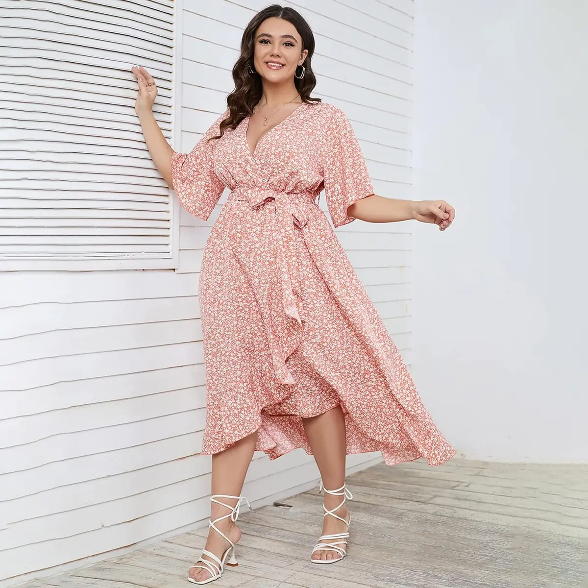 SCOMCHIC Women Plus Size Maxi Dress Short Sleeve Wrap V Neck High Low Split  Ruffle Long Dress - TikTok Shop