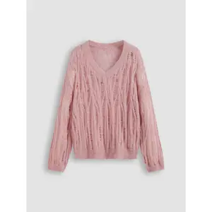 Cider [size 2-26] Wool-blend V-neck Solid Hollow Out Knit Long Sleeve Sweater