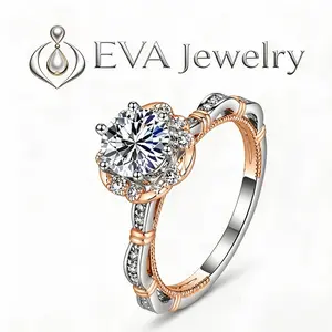 [EVA Jewelry] Flower 925 Sterling Silver Synthetic Moissanite Ring Elegant Engagement Ring Two Tone Ring