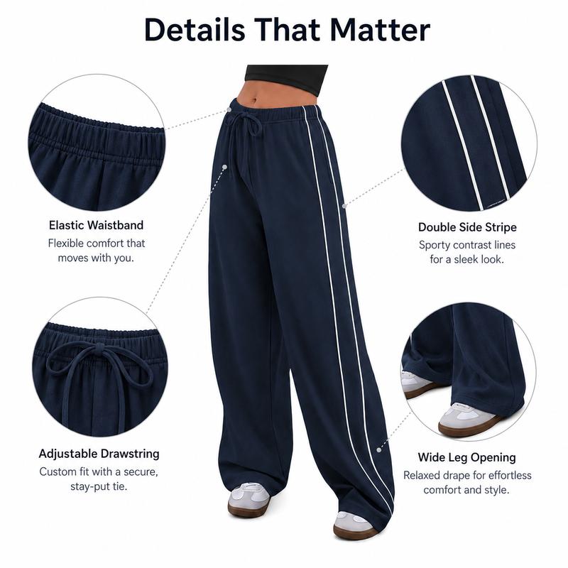 Women's Wide Leg Track Pants with Side Stripes and Pockets, Drawstring Elastic Waist, Loose Baggy Casual Athletic Lounge Pants, Everyday Streetwear Bottoms, Navy Blue