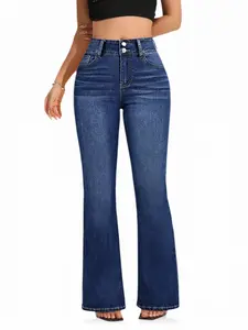 Women's High Waist Elastic Denim Jeans, Womenswear, Butt Lifting Slim Fit, Micro Flare Cuff Design, Classic Button Fashion, Daily Wear Essential, Streetwear, Flared, Pants, Bottom