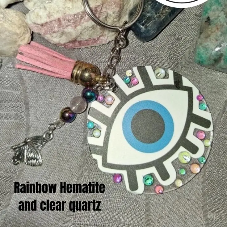 Handmade Evil Eye Keychain, Compact Practical Stylish Design with Rainbow Hematite, Clear Quartz Charms