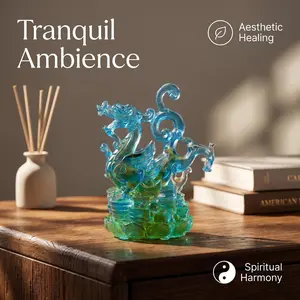 Krystal One of a Kind Hand Blown Liuli Azure Dragon Statue, Iridescent Ocean Blue to Emerald Green Gradient, Mythical Eastern Guardian of Protection & Prosperity, Unique Home Office Desk Shelf Decor & Thoughtful Housewarming Business Gift