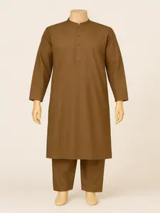 Grace Men's Brown Shalwar Kameez Classic Traditional Suit All Seasons Kurta & Shalwar Set Straight Cut with Band Collar 3-Button Placket 2 Side Pockets Comfortable Breathable Fabric