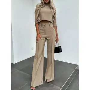 Elegant Office Lady Suits Fashion Solid Color Two Piece Set For Women Casual Crop Top+High Waist Pants Women's Sets 2024 Autumn