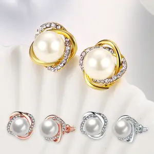 Women's Alloy Knotted Twist Pearl Stud Earrings, Casual Rhinestone Jewelry with 1 Size Fit for Adults, Ideal Gift for Engagement, Valentine's Day Party