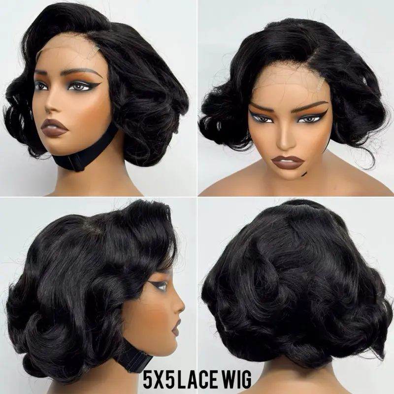 5x5 Transparent Lace Closure Bob Wig Human Hair 230% Density, Short Loose Bouncy Wave Natural Black