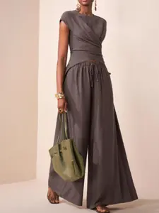Women's Waist-Cropped Sleeveless Top, Casual Long Pants Set, Slim-Fit Tee, Plain Pattern, All-Season Fashion, Comfortable & Stylish