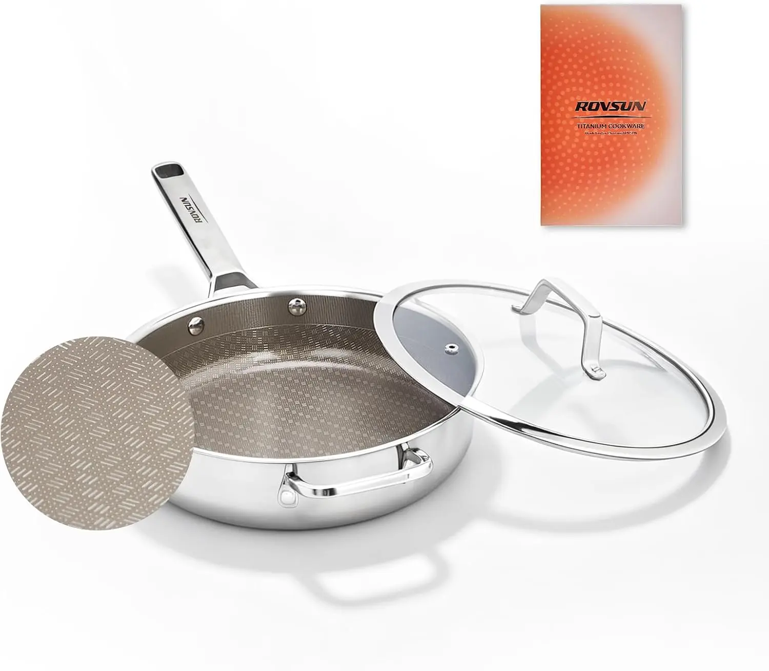 ROVSUN 10 Inch Titanium Pan, Non-stick Deep Frying Pan, Sauté Pan with Lid for Cooking, Non-Toxic Kitchen Cookware, PFOA & PTFE Free, Oven & Dishwasher Safe, Compatible for All Cooktops