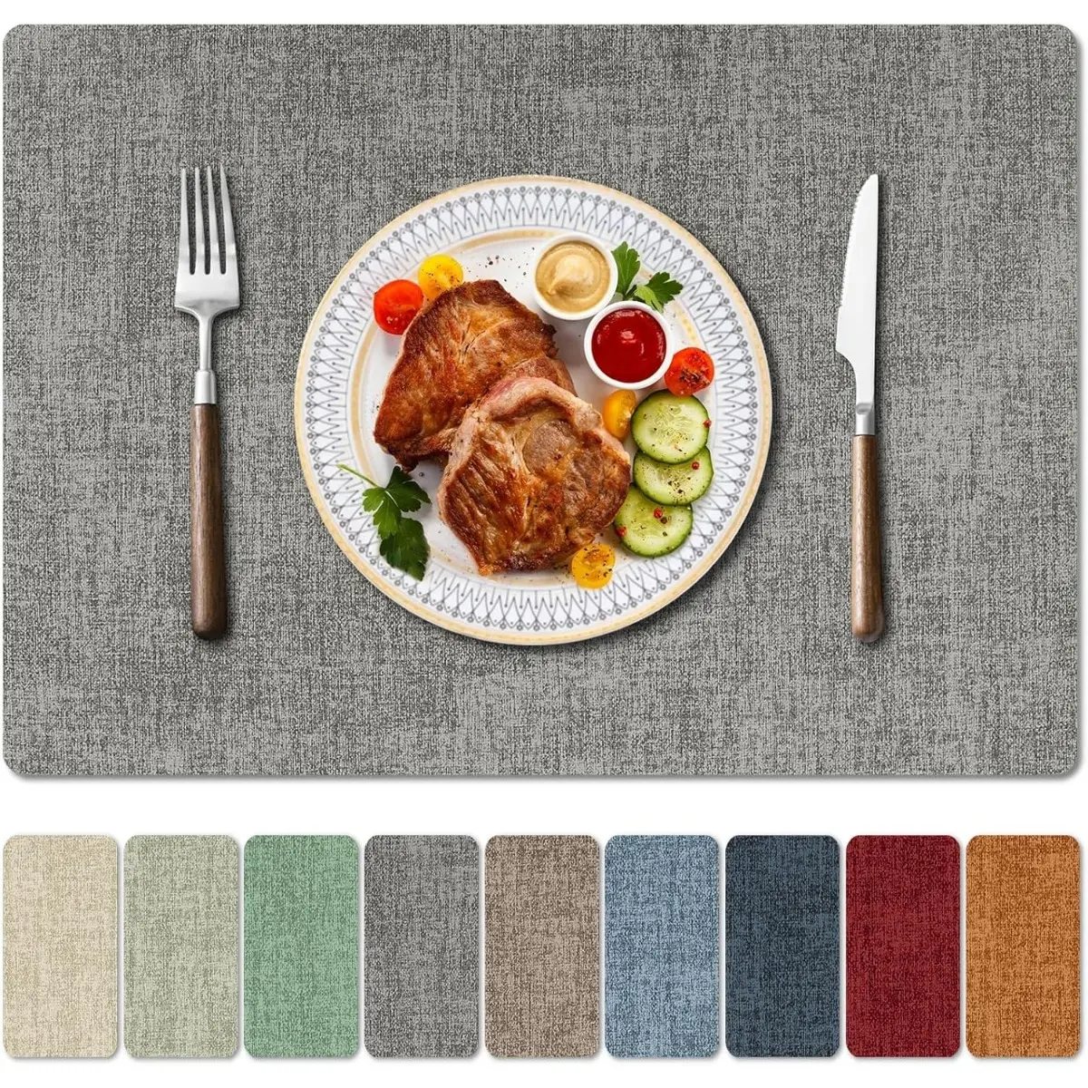 Faux Leather Heat Resistant Placemats Set of 4 – Waterproof Oilproof Wipeable Dining Place Mat Easy Clean Table Mats for Kitchen/Dining/Party/Holiday, Light Grey