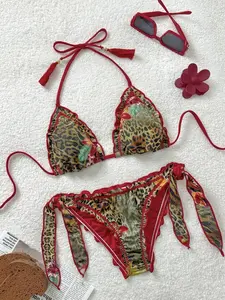 Swim Vcay Vintage Colorful Leopard Zebra Floral Print Halter Ruffle Tie-Up Tasseled Bikini Set Slim Fit Sexy Summer Beach Vacation Women Swimwear