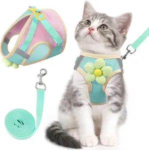 Harness and Leash Set for Walking Escape Proof, Adjustable Kitten Harness Breathable Mesh with Reflective Strips Harness with Flower for Kitty Puppy Bunny Green XS
