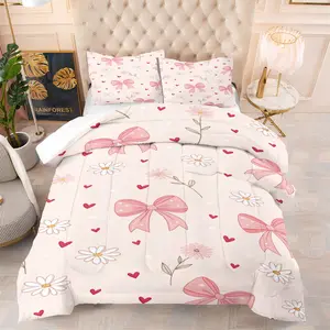 Pink Bows And Daisies Comforter Set - 2/3pcs with Heart And Flower Patterns, Soft And Cute for Girls/Valentine’s Day Decor, Includes Pillowcases. Skin-Friendly Bedding for Bedrooms.