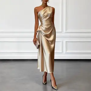 Women's fashionable and elegant one-shoulder slim-fit dress with a stylish pleated waist design that accentuates a slender figure, long formal gown