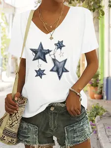 Women's V-Neck Short Sleeve T-Shirt, Star Pattern Print Top, Lightweight Breathable Polyester, Casual Summer Wear