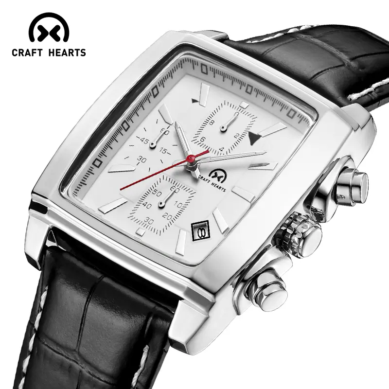 White face black beltMen's Sports Chronograph Watch, Fashionable Multifunctional Square Dial, Quartz Movement, Waterproof Leather Strap, 40mm Case - Elegant Timepiece for Business & Outdoor Activities watches