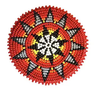 Seed Beads Beaded Rosette Medallion Patch Applique 2.5 inch Round (Red Fire Star)