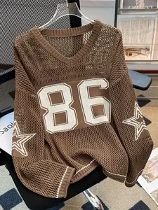 Women's Sweater, Lightweight Knit Sweater, Casual Sporty V Neck Long Sleeve Jumper for Summer, Fashion Women's Knitting Knitwear for Daily Wear