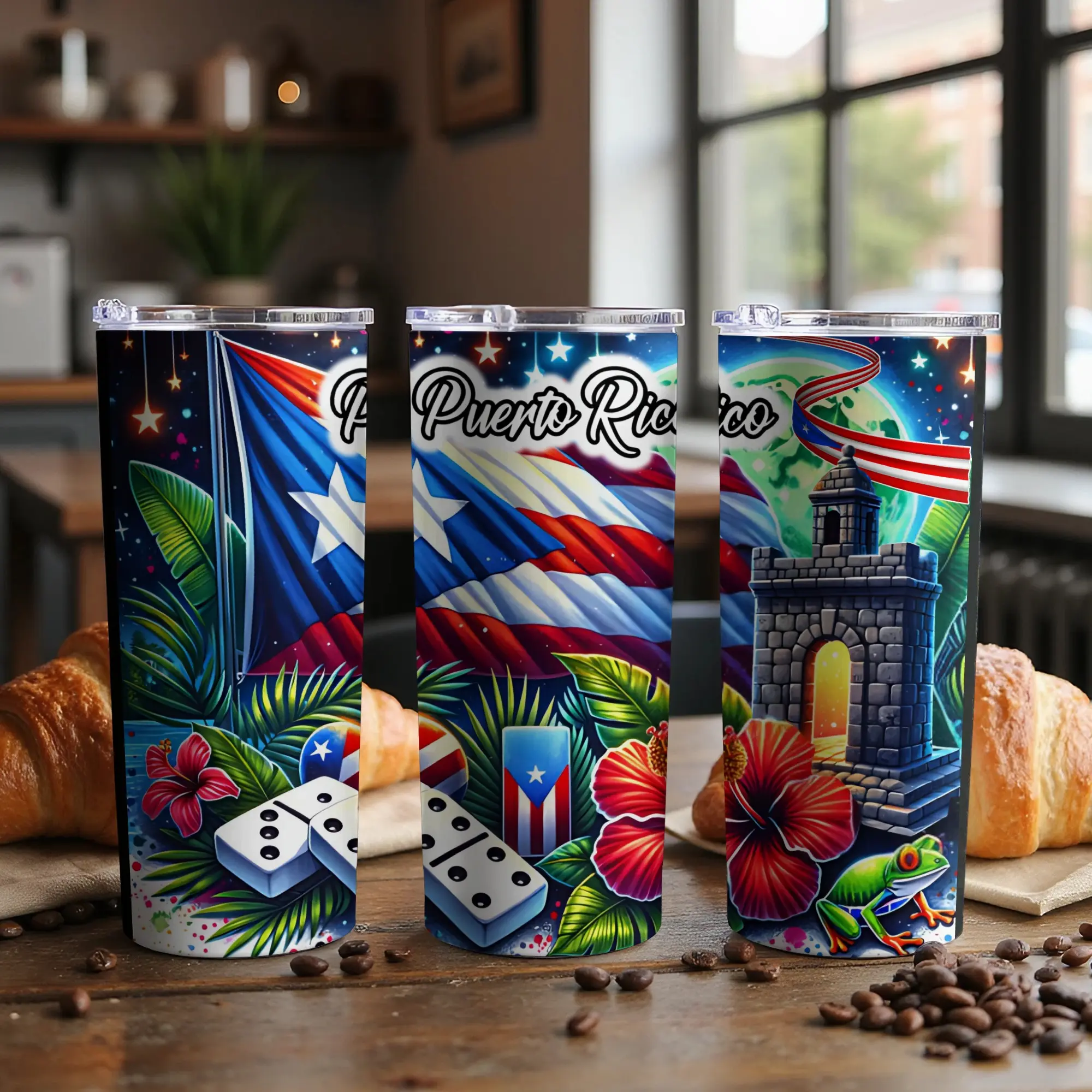 Puerto Rican Boricua Tumbler | 20oz Skinny Stainless Steel Cup with Lid & Straw | PR Flag, Coquí, El Morro, Hibiscus | Gift for Puerto Ricans