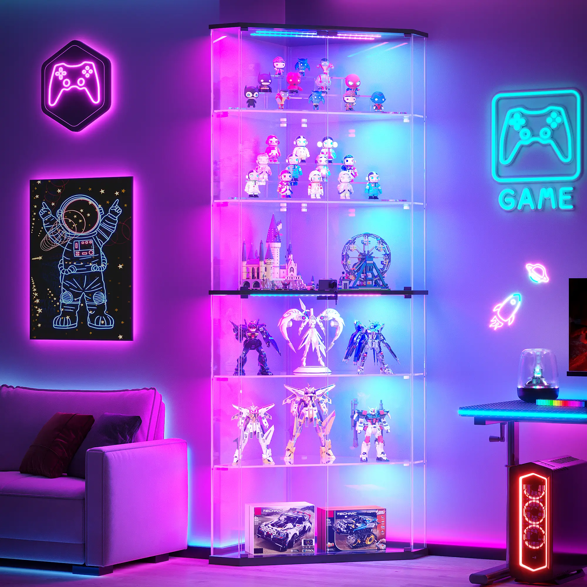 Lvifur Pentagon RGB Glass Display Cabinet with Body sensor for Curio,Corner Display Cabinet with 360° Glass and RGB light,Corner Display case with human body sensor for living room
