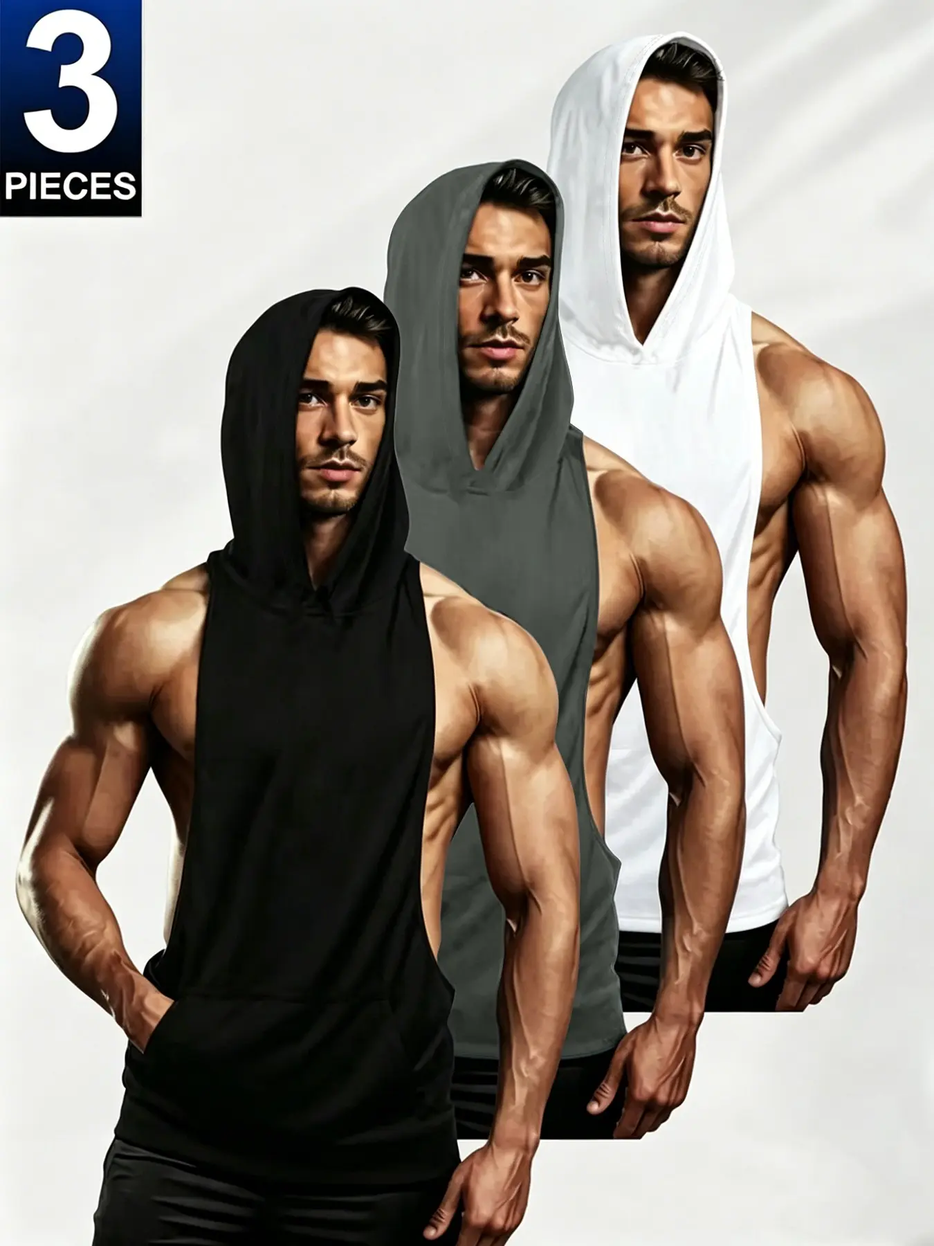 3-Pack Men's Sleeveless Hooded Tank Tops, Breathable Fitness Hoodies with Pockets, Casual Workout Tops & Bodybuilding Shirts, Ideal for Training, Running, Streetwear