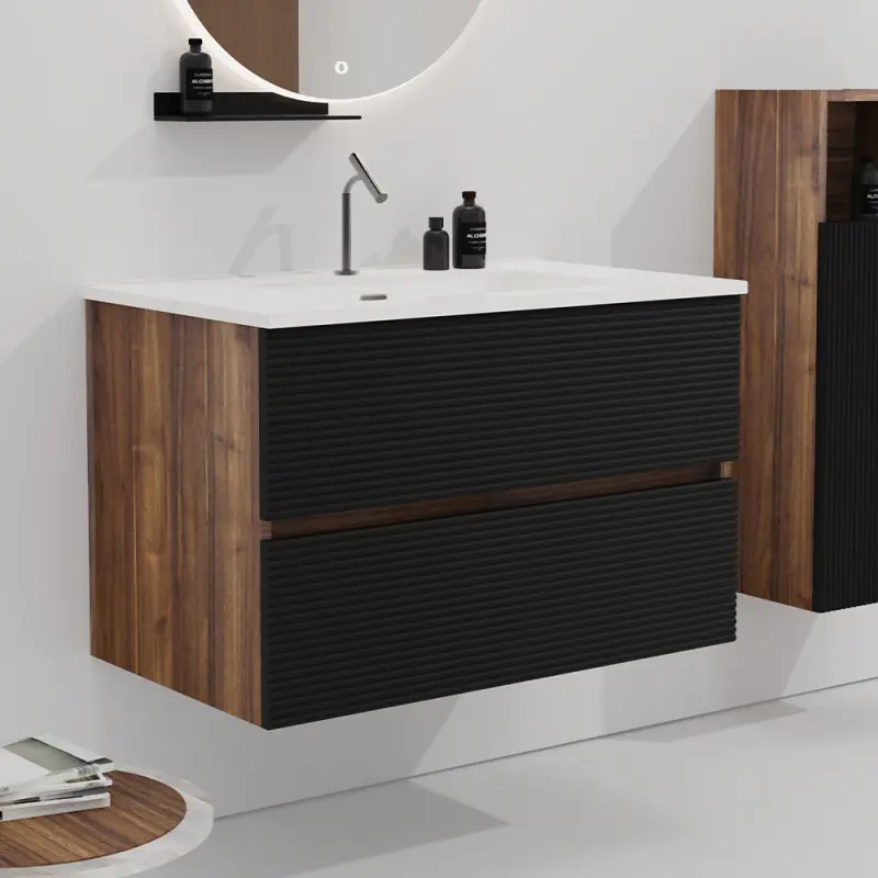 Gloria 30" Wall Mounted Soft Black & Walnut Bathroom Vanity with Integrated Ceramic Sink with Overflow, Large Storage Floating Bathroom Vanity for Modern Bathroom, Pre-assembled
