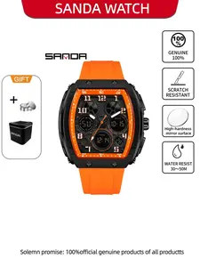 Sanda Men's Sporty Barrel Alarm Clock Multi-Function Calendar Date Electronic Watch, 5atm Waterproof Quartz Analog-Digital Design, Trendy Multifunctional Watch