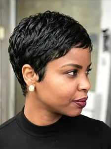 Curly Wave Pixie Cut Human Hair Wig for Women Full Machine Made Wig Daily Party Use Wig 150% Density 6 Inch