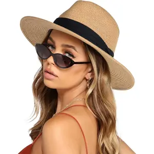 FURTALK Womens Mens Wide Brim Straw Panama Hat Fedora Summer Beach Sun Hats UPF Straw Hat for Women