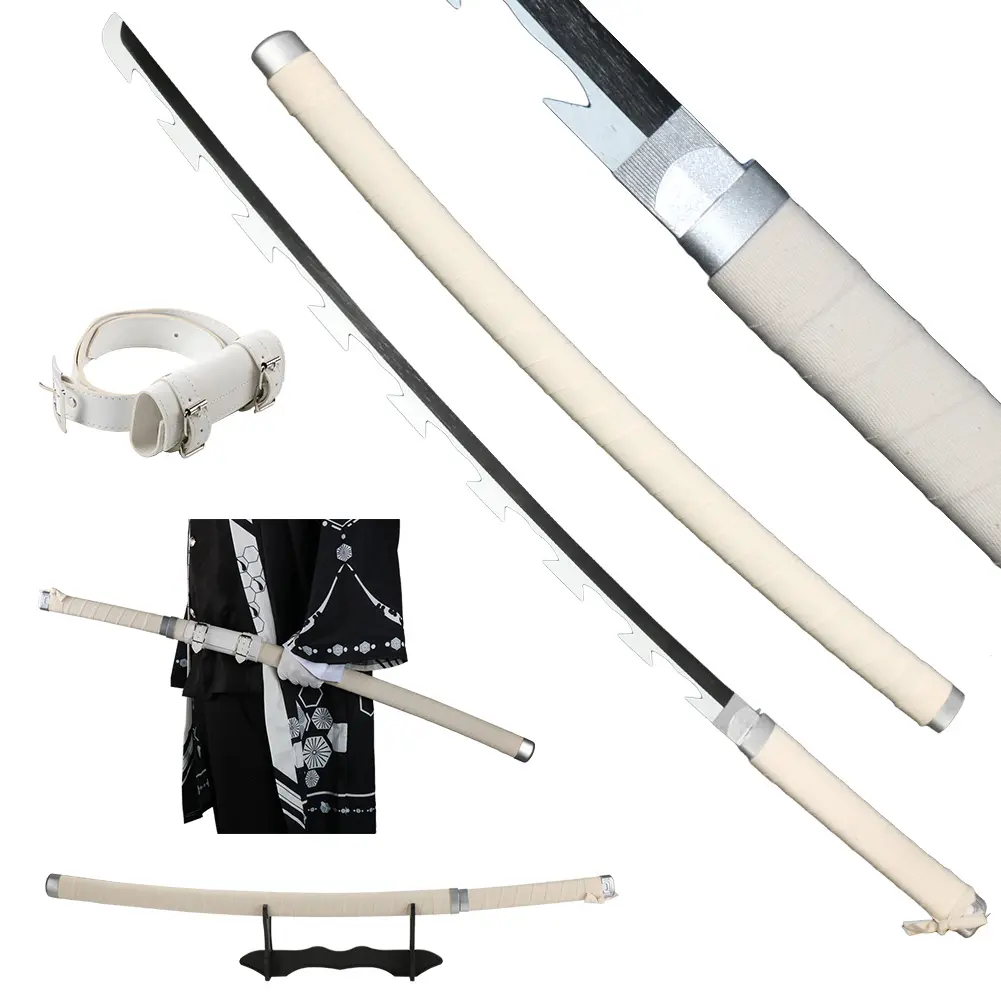 ELERVINO 41-in Bamboo-Wooden Unisex Demon Slayer Hashibira Inosuke Anime Sword, 1.1 lb Plastic Components, White Belt, Holder Stand Display, Christmas/Birthday Decoration, Halloween Cosplay Prop