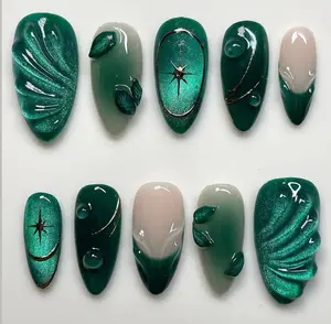 Emerald Green Press-On Nails, 3D Leaf & Star Charms, Shimmer Mermaid Effect, Nude Ombre Accents, Handmade Custom Nail Art, Gift for Her