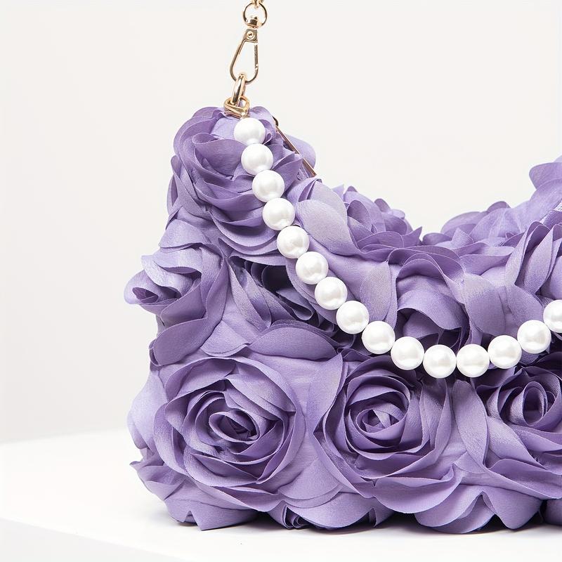 [Wedding Accessory] Elegant Rose-Embellished Crossbody Bag with Faux Pearl Accents - Sweet Pink Floral Evening Clutch, Ideal Valentine's Gift for Women, Polyester Lining, Zip Closure, Wedding Gifts