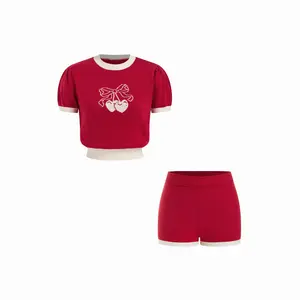 Cider Knit Heart Cherry Graphic Contrasting Binding Puff Sleeve Top & Shorts Set