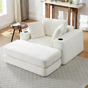 Oversized Chaise Lounge Chair Indoor, Corduroy Comfy Sleeper Sofa Bed with Moveable Ottoman & Pillow, Upholstered Cloud Boneless Chair, Modern Convertible Sofa for Living Room(52.4" W, Beige)