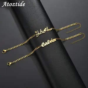 Atoztide Custom Personalized  Name Bracelet  Stainless Steel Charms Handmade Cuban Chain Engraved Handwriting NK Bangle Gift