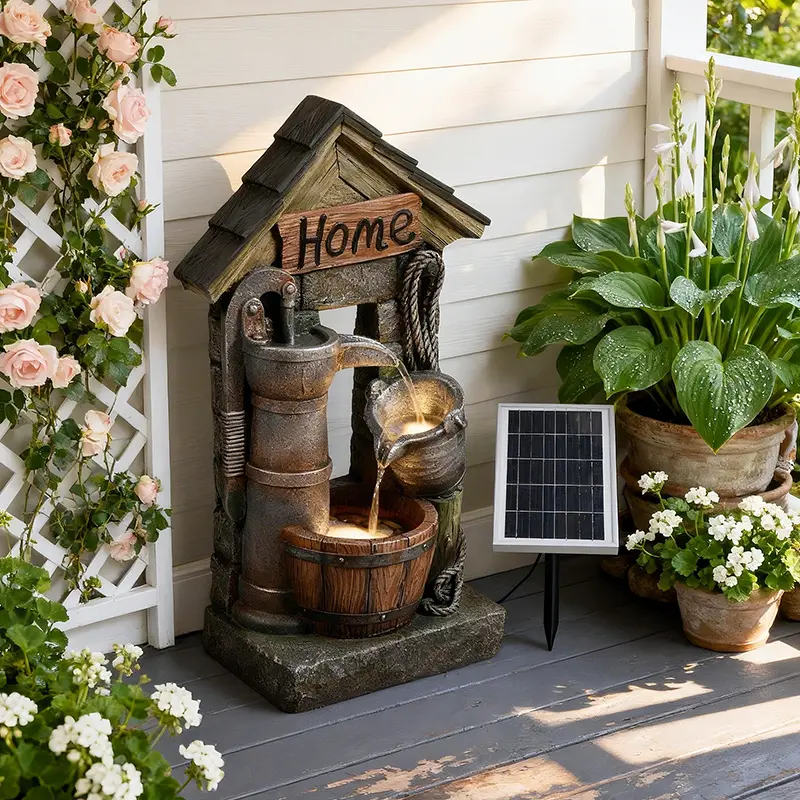 Vintage Decorative Rustic Look Outdoor Water Fountain - 28.7H Height Solar-Powered, Wall-Mounted & Freestanding Resin Garden Feature with Water Well, Wine Barrel & Flow for Gardens, Patios Resin Sculptures