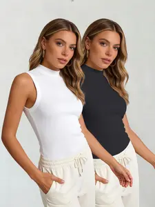 2 Pack Women's Sporty Tank Tops, Plain High Neck Sleeveless Ribbed Top, Soft Stretch Fitted Tee, Essential Spring Summer