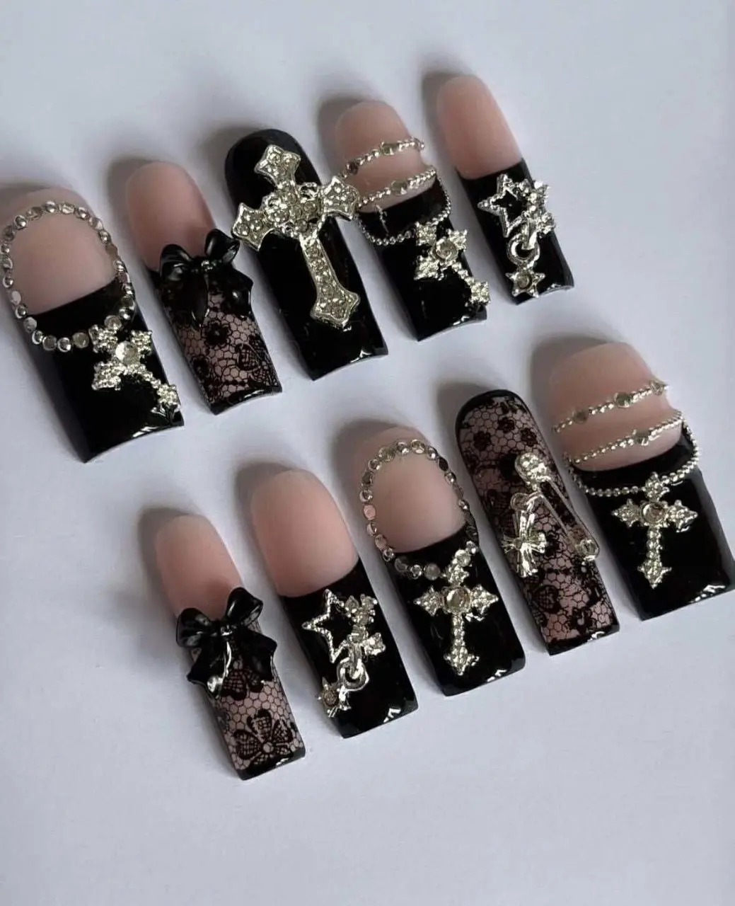 Black Lace Cross Press On Nails, Gothic Rhinestone Nails, 3D Silver Cross Charm Nails, Coquette Bow Fake Nails, Handmade Luxury Nail Set