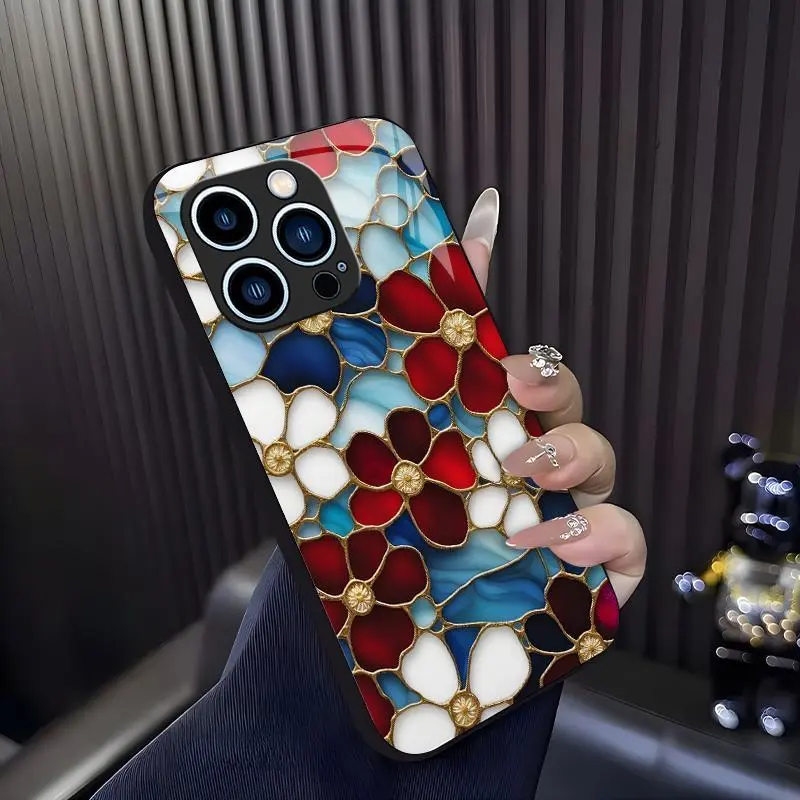 Handcrafted Stained Glass Floral Casing for iPhone 13 Pro - Cottagecore Aesthetic Vintage Art Style Shockproof Smartphone Accessory, Cellphone Handheld Cover
